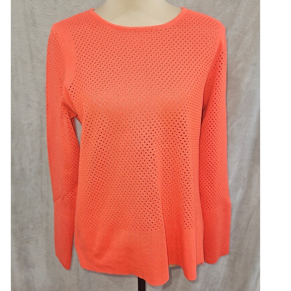 Coral Orange Pointelle Eyelet Knit Crewneck Long Sleeve Sweater